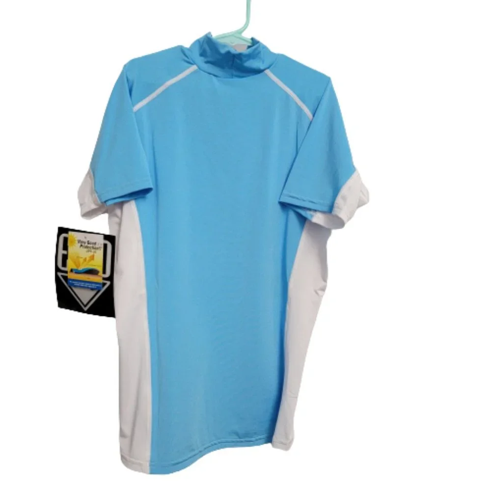 Evo Boys Rashguard Sun Shirt UPF 30 Short Sleeve White Blue Size L (14-16) New